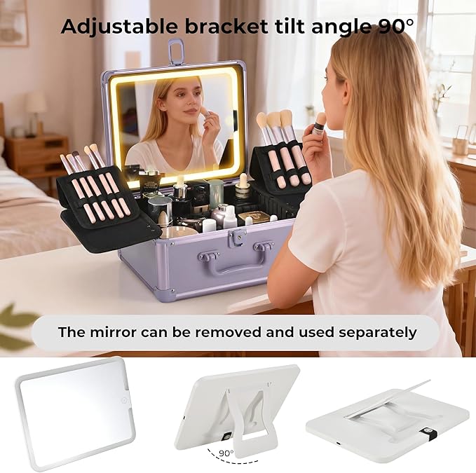 GALHUBIS Makeup Case with Lighted Mirror, Makeup Box Organizer with Detachable LED Mirror, Travel Makeup Train Case, Waterproof Cosmetic Organizer, Standing Brush Holder, Gift, Purple