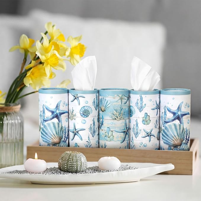 Fourluoo 12 Pack Summer Ocean Car Tissue Cylinder Holder Bulk with 3 Ply Facial Tissues Starfish Round Napkin Holders for Cup Holder Cylinder Colorful Travel Paper Tubes Bulk Napkin Boxes Packs