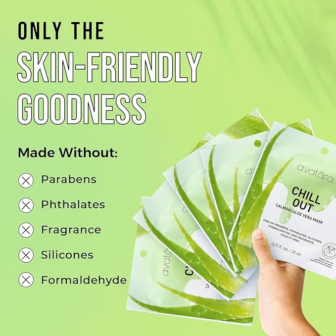 Avatara Chill Out Face Masks, 15 Sheets, Hydrating Aloe Vera, Soothing Skin, Unisex