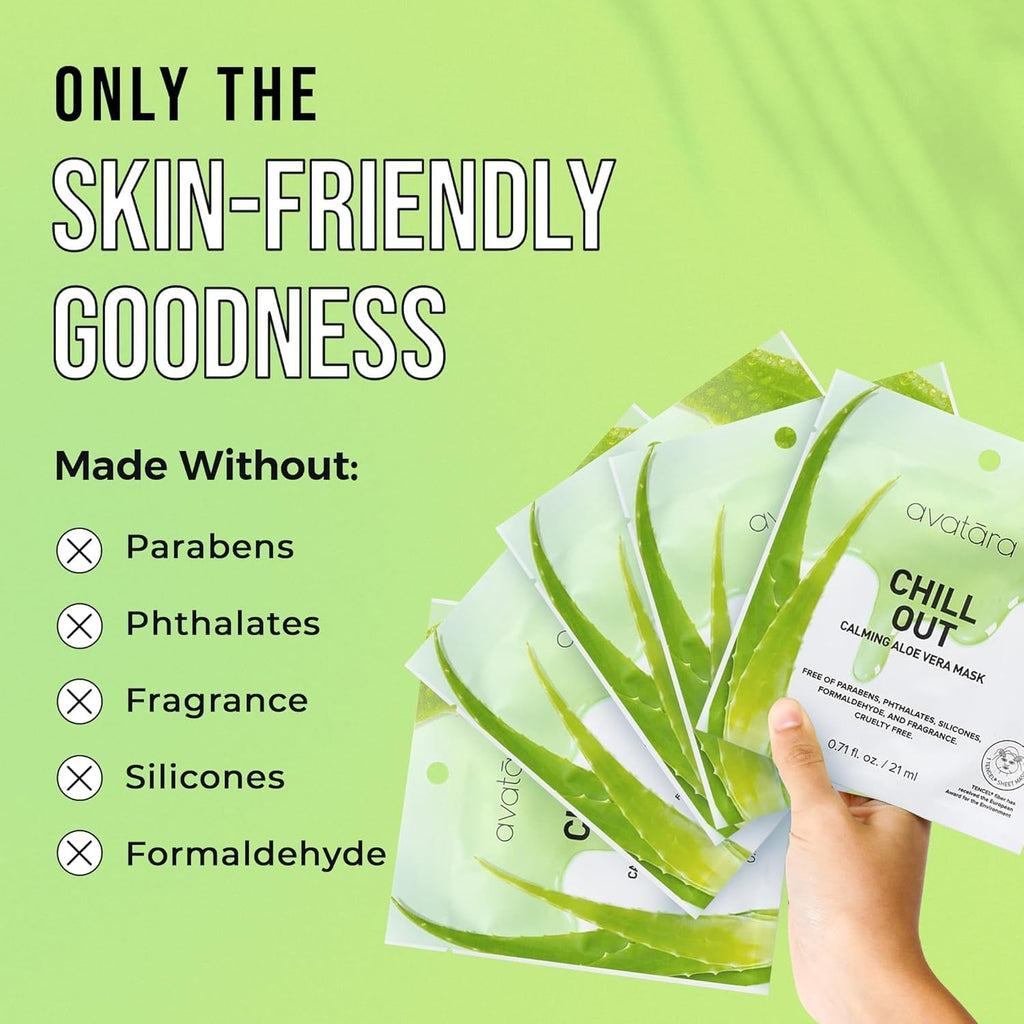 Avatara Chill Out Face Masks, 15 Sheets, Hydrating Aloe Vera, Soothing Skin, Unisex