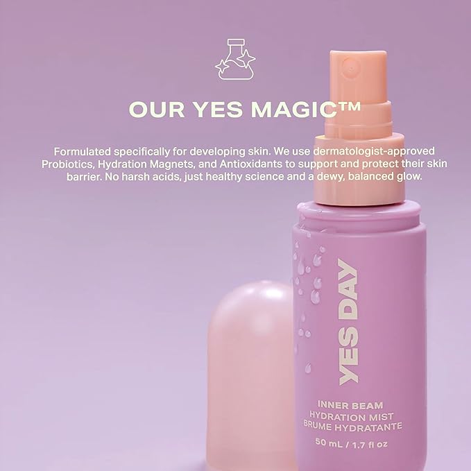 Yes Day Inner Beam Hydrating Face Mist for Teens – Travel Size Facial Spray for Teens & Ages 10 Up, with Kiwano Melon, Glucosamine & Polyglutamic Acid (50ml)
