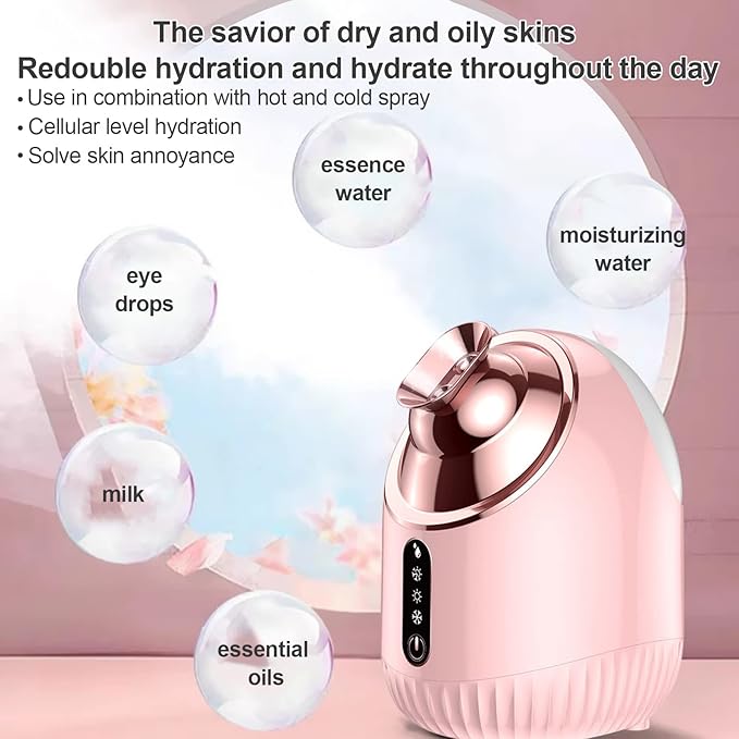 WHNL Facial Steamer - Nano Ionic Facial Steamer with Cold&Warm&Hot Mist,240ml Large Water Tank,Small Face Humidifier, Pink