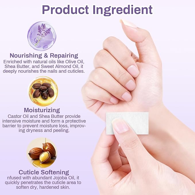 RAQEHO 100pcs Cuticle Oil for Nails - Lavender Nails Oil Wipes Travel Size Cuticle Oil Aceite Para Cuticula for Weak, Dry, Damaged Nail, Hand Care Products, Technician Essentials, Sensitive Skin