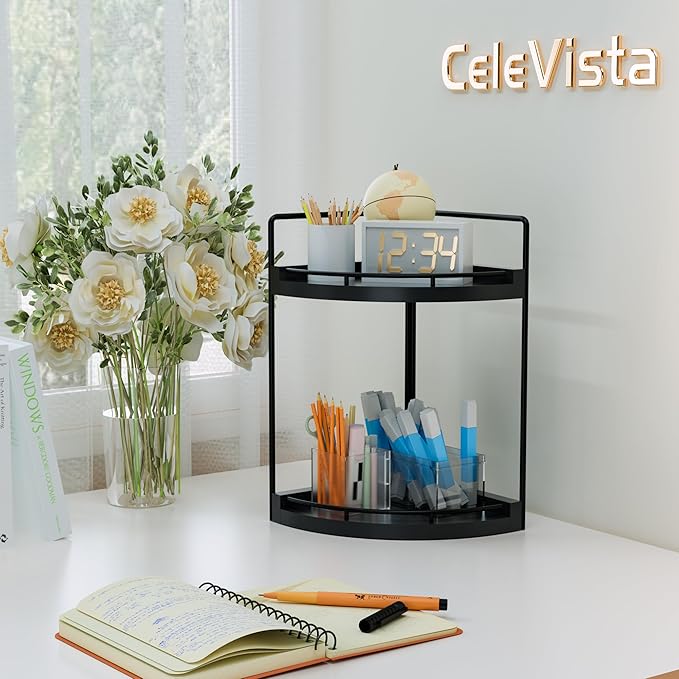 CeleVista Corner Bathroom Counter Organizer, 2 Tier Wood Vanity Storage, Waterproof Skincare Shelf for Kitchen & Toiletries Decor, Dresser (Black-2 Tier)
