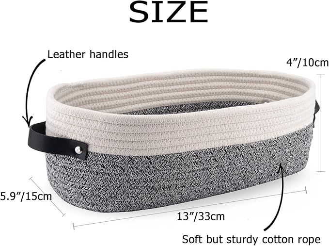 Oradrem 2 Pack Small Cotton Rope Woven Basket Toilet Paper Baskets for Organizing Decorative Basket for Boho Decor Small Storage Basket 13"x5.9"x4" Variegated Gray&White