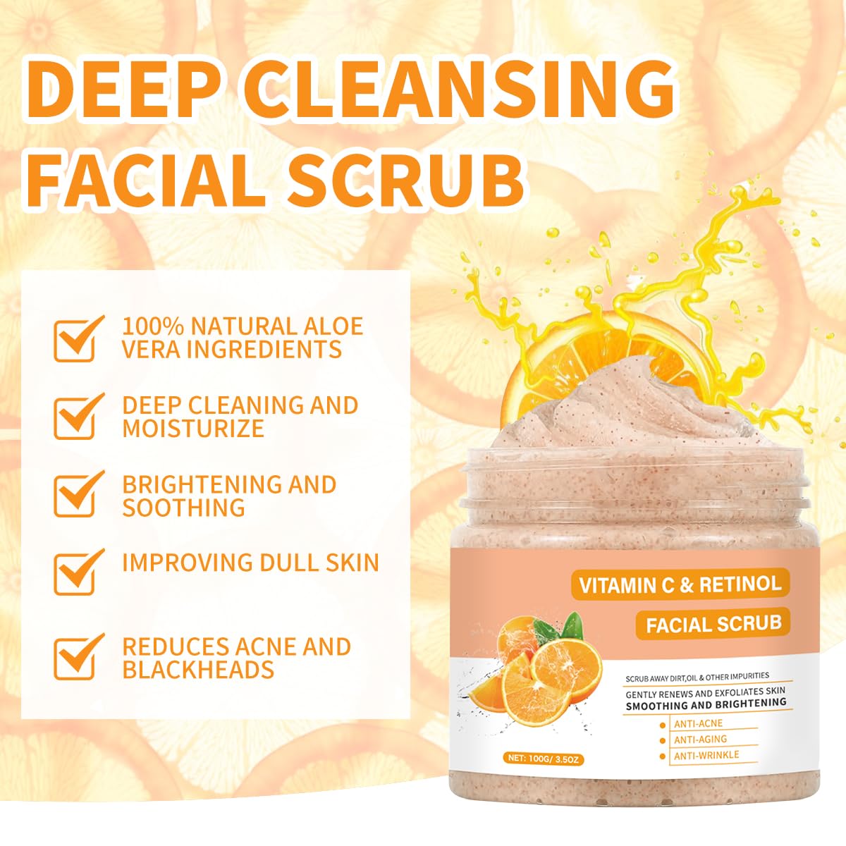 Vitamin C Face Scrub, Exfoliating Facial Wash with Retinol, Facial Scrub,Facial Exfoliating Scrub, Facial Scrubs for Women,Deep Cleansing Face Wash Cleanser for Women Men
