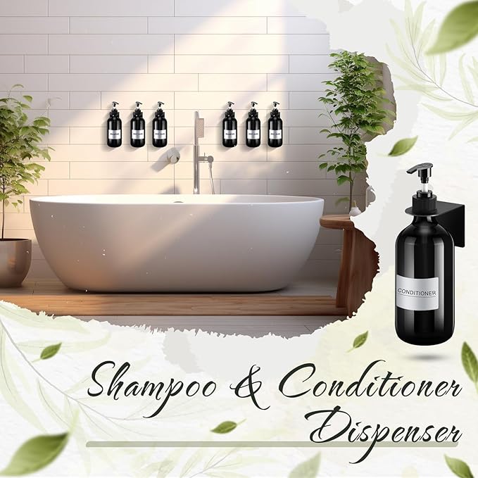 Remerry 6 Pack Shampoo and Conditioner Dispenser Wall Mount 17oz No Drill Shampoo and Conditioner Dispenser with Matte Pump and Waterproof Labels Shower Soap Bottles Wall Mounted for Home Bathroom