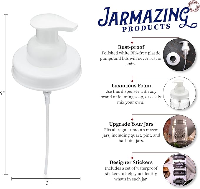 Jarmazing Products Mason Jar Foaming Soap Dispenser Lids - Includes Waterproof Stickers! - White - 1 Pack