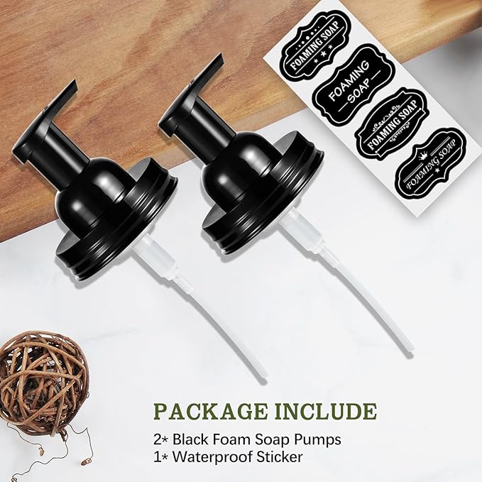 Amolliar Mason Jar Foaming Soap Dispenser Lids, Plastic Foam Pump Lids for Regular Mouth, Foaming Replacement Pump Set, Farmhouse Kitchen BathroomShower, Includes Waterproof Stickers - 2 Pack, Black