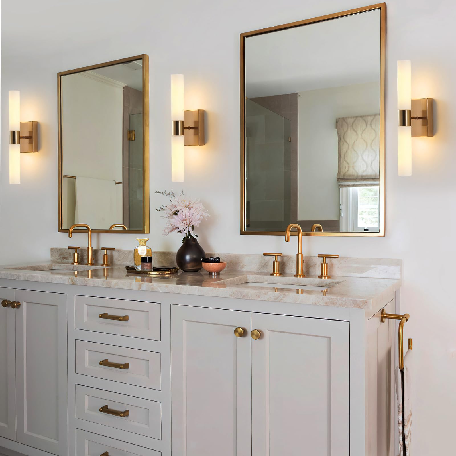 KUZZULL Modern Wall Sconces, Set of 2 Brushed Brass Gold, Frosted Glass Shade, Indoor Wall Mounted Lights, Bathroom Sconces, 36 cm, for Bedroom Wall Lamp