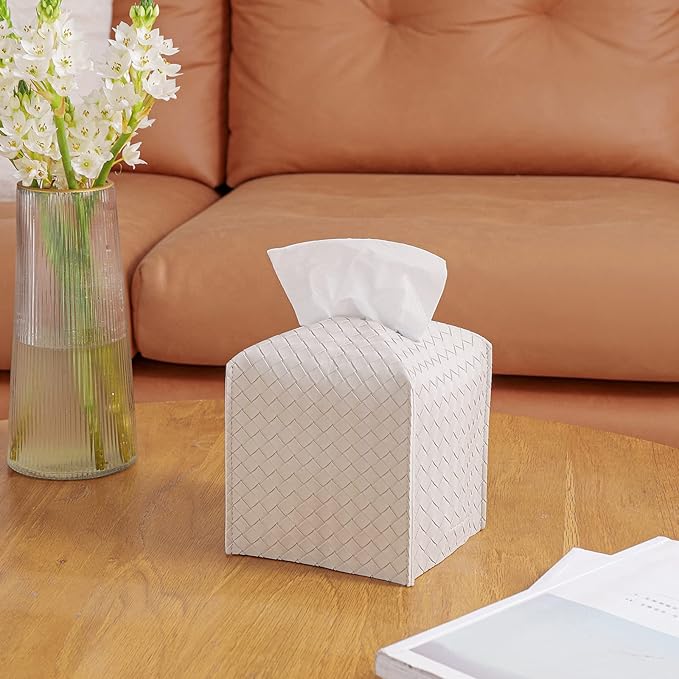 Tissue Box Cover PU Leather Tissue Holder Square Facial Tissue Case Facial Paper Organizer Dispenser for Bathroom, Vanity Countertop, Tabletop, Car, White
