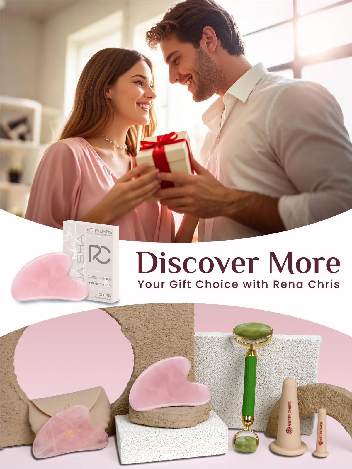 Rena Chris Gua Sha Facial Tools: Rose Quartz Guasha Tool for Face, Facial Massager (Pink)