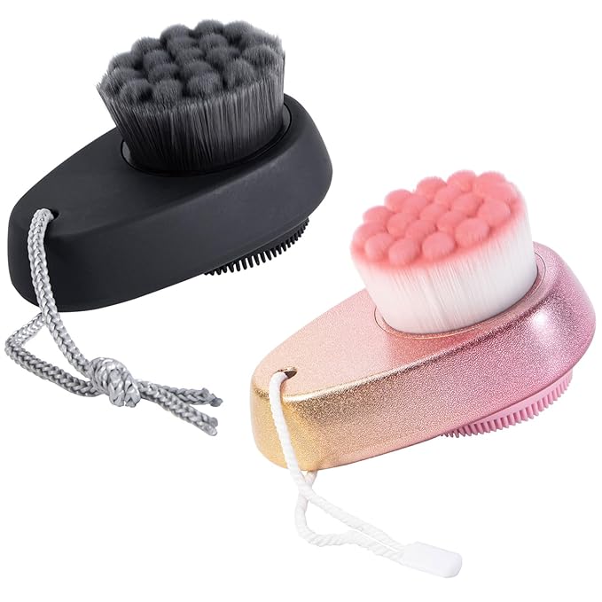 2 Pack Facial Cleansing Brush 2 in 1 for Face Exfoliation, Soft Bamboo Charcoal Microfiber Bristle Dual Face Silicone Scrubber Brush for Pore Deep Cleansing Skincare with Lid, Black+Gradient
