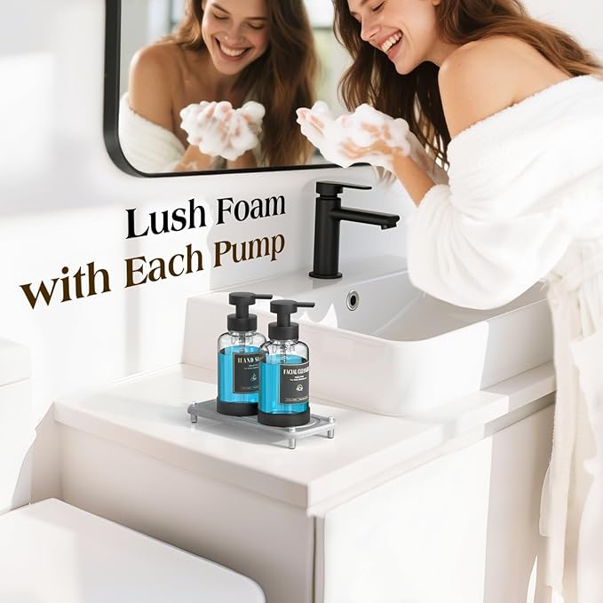 Luxspire Foaming Soap Dispenser, Non-Slip Hand Soap Dispenser with Fast Drying Tray, 15oz Glass Refillable Liquid Bottle for Bathroom & Kitchen, 2 Pack, Transparent + Dark Gray