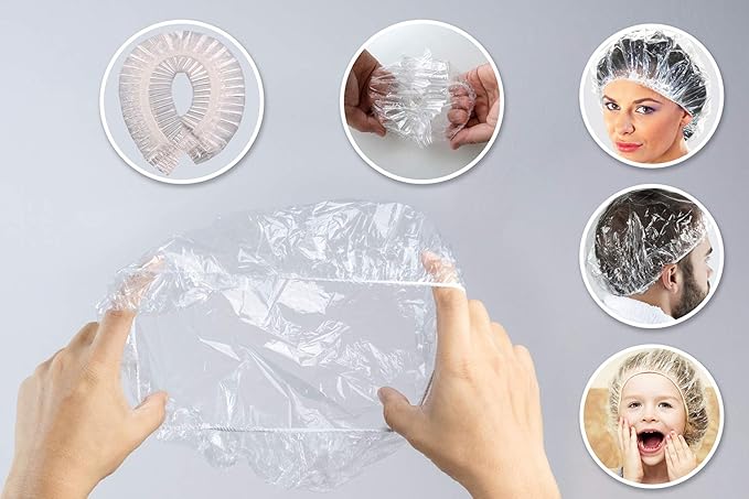 100 Disposable Clear Mop Mob Caps Clipped Hair Head Cover Shower Cap Plastic for Beauty Salon,Food Service,Hospitals,Laboratories,Manufacturing or Spray Tanning