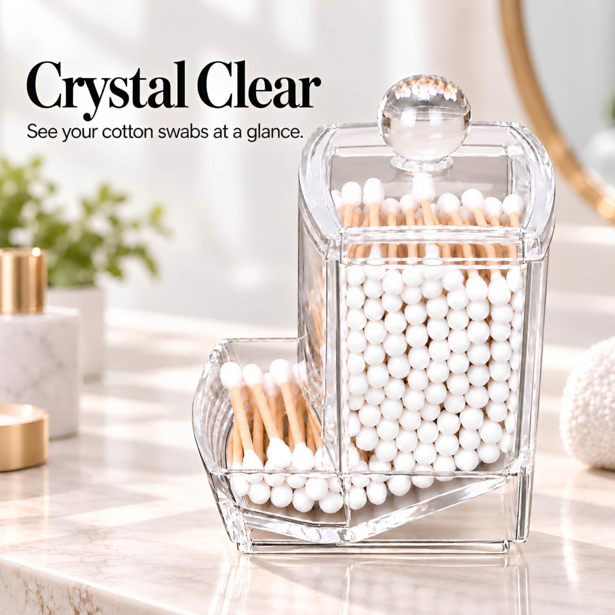 MOSIKER 10oz Qtip Holder, Clear Acrylic Cotton Swab Dispenser with Lid
