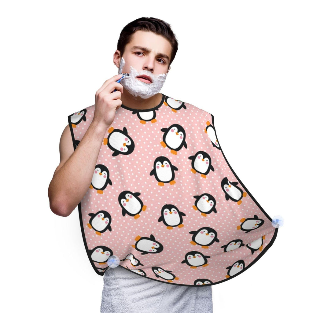 Adjustable Beard Bib, Non-Stick Hair Catcher Cape for Men's Shaving, Waterproof with 2 Suction Cups, Pink Polka Dots Cute Animals Cartoon Penguin Shave Bib