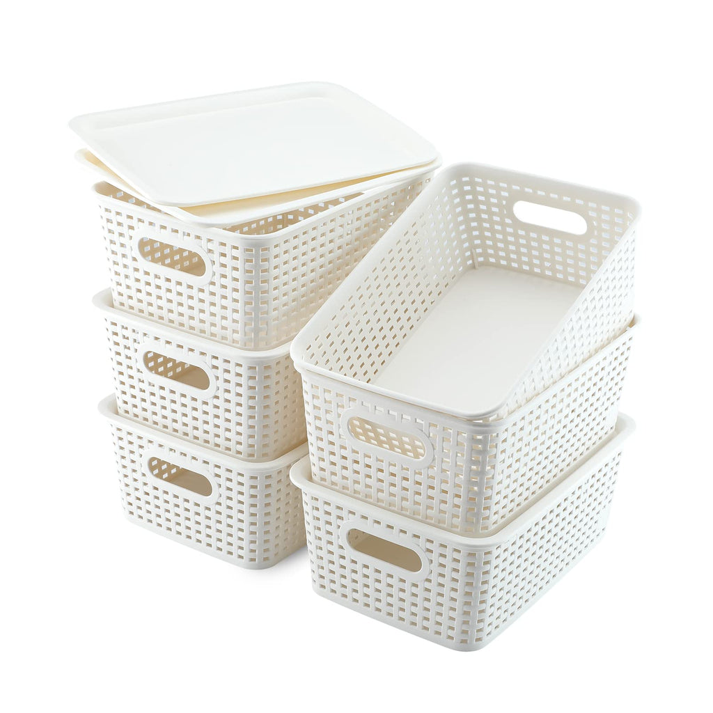 AREYZIN Plastic Storage Baskets With Lid Organizing Container Lidded Knit Storage Organizer Bins for Shelves Drawers Desktop Closet Playroom Classroom Office, White, 6 Pack