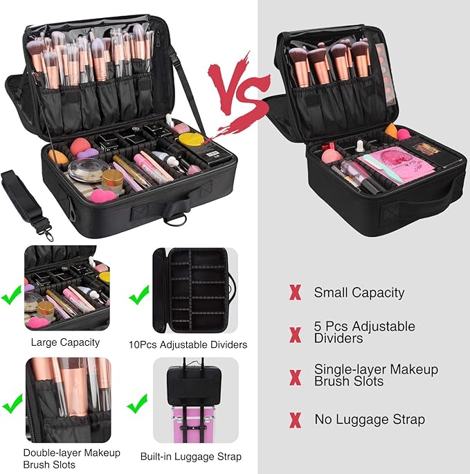 Relavel Makeup Bag Travel Makeup Train Case Large Cosmetic Case Professional Portable Makeup Brush Holder Organizer and Storage with Adjustable Dividers and Shoulder Strap Black