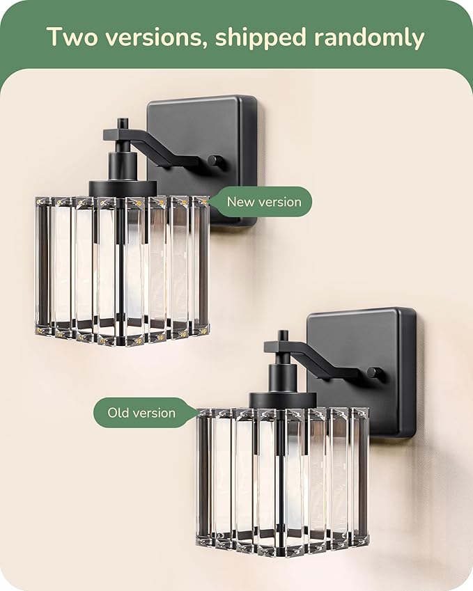 EDISHINE Hardwired Black Crystal Wall Sconces Set of 2, Modern Vanity Light