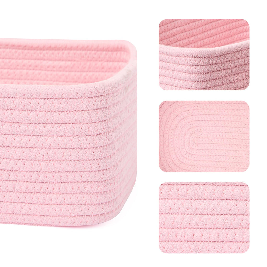 MiniArk Small Storage Baskets for Organizing | Closet Organizer Bins | Shelf Toy Basket | Woven Rope Baskets | Cube Decorative Box | Shallow Basket | 11.5x7.5x4.7” | 3 Packs Light Pink