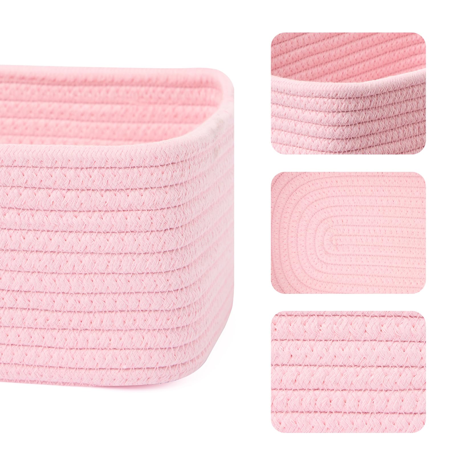 MiniArk Small Storage Baskets for Organizing | Closet Organizer Bins | Shelf Toy Basket | Woven Rope Baskets | Cube Decorative Box | Shallow Basket | 11.5x7.5x4.7” | 3 Packs Light Pink