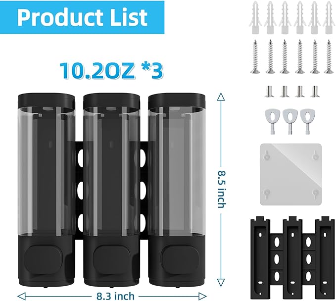 VITVITI Shampoo and Conditioner Dispenser for Shower Wall, Shower Soap Dispenser 3 Chamber No Drill Wall Mounted, 10.2 OZ Plastic Refillable Shower/Body Wash Bottles for Bathroom (Black)