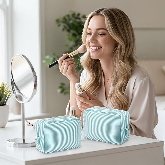 Sanwuta 6 Seersucker Cosmetic Bag Bulk Striped Makeup Bag for Women Aesthetic Cute Travel Toiletry Organizer Preppy Storage Pouch for Wedding Bridesmaid Mother's Day Teacher Gift (Large,Mint Blue)