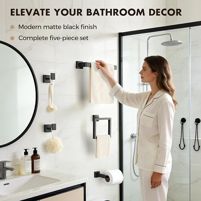 Bathroom Accessories Towel Bar Set: 20 Pieces Matte Black Bathroom Hardware Square SUS304 Stainless Steel - Wall Mounted Towel Rack&Toilet Paper Holder&Towel Ring and Towel Hook
