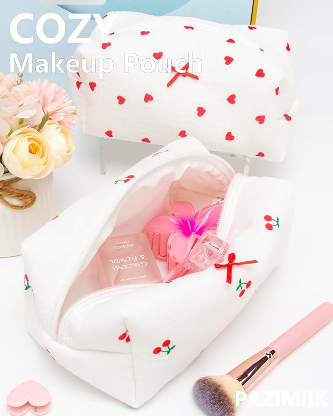 PAZIMIIK Cozy Makeup Bag for Women,Zipper Cosmetic Pouch,Gauze Cherry
