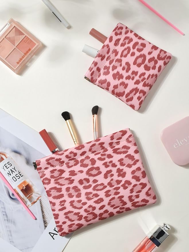 Ksriylm 2 Leopard Leather Small Makeup Pouches Set for Women,Cosmetic Accessories,Waterproof and Portable Cosmetic Bags,Self-closing,No Zipper, Aesthetic Storage Pouch,Lipstick for Purse, Pink