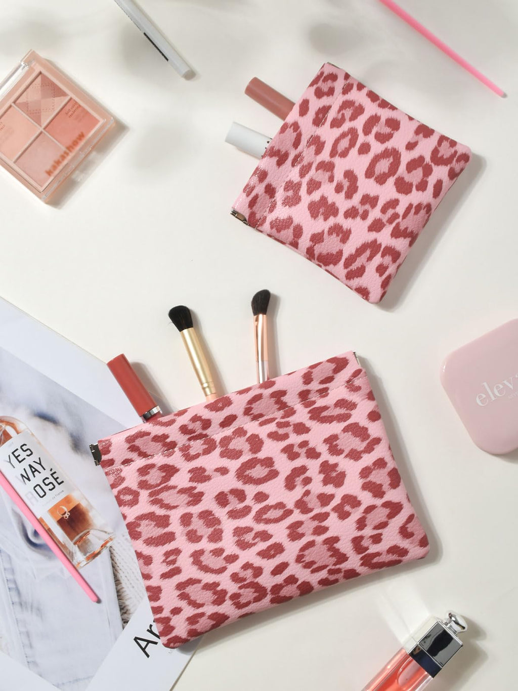 Ksriylm 2 Leopard Leather Small Makeup Pouches Set for Women,Cosmetic Accessories,Waterproof and Portable Cosmetic Bags,Self-closing,No Zipper, Aesthetic Storage Pouch,Lipstick for Purse, Pink
