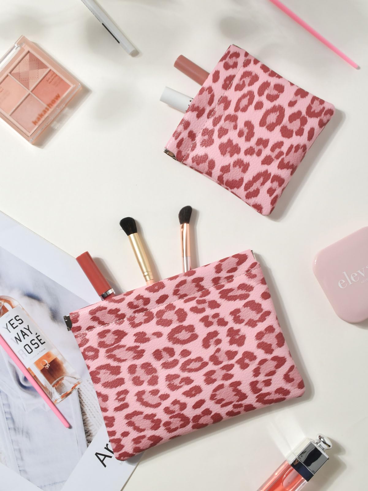 Ksriylm 2 Leopard Leather Small Makeup Pouches Set for Women,Cosmetic Accessories,Waterproof and Portable Cosmetic Bags,Self-closing,No Zipper, Aesthetic Storage Pouch,Lipstick for Purse, Pink