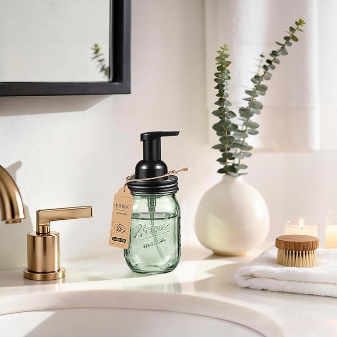 SheeChung 16 Oz Mason Jar Foaming Soap Dispenser, Stainless Steel Lid, BPA Free Pump, Green Glass Foam Hand Soap Dispenser, Refillable Liquid Foam Dispenser Bottle for Bathroom Kitchen-Black, 2 Pack