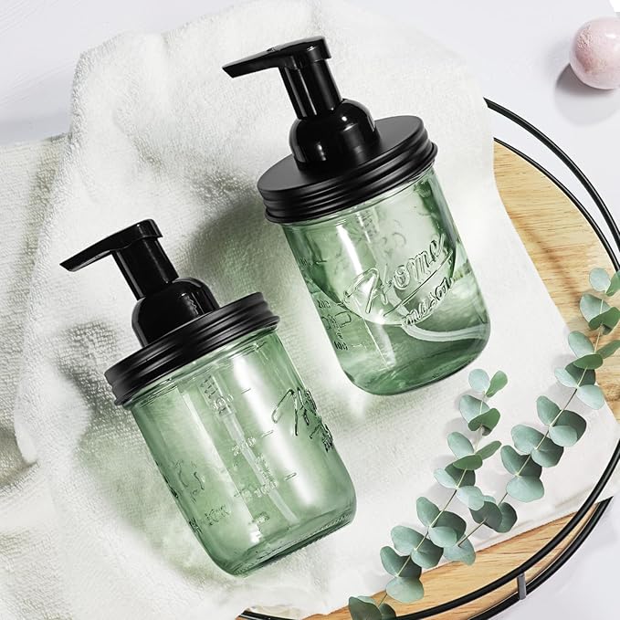SheeChung Mason Jar Foaming Soap Dispenser, Stainless Steel Lid, BPA Free Pump, Green Glass Foam Hand Soap Dispenser, 16 Oz Refillable Liquid Foam Dispenser Bottle for Bathroom Kitchen-Black, 2 Pack