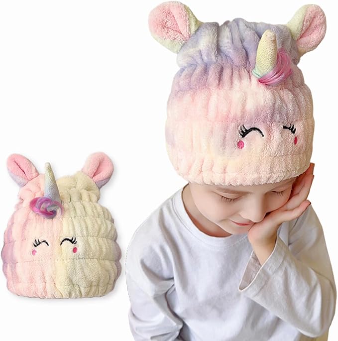 LCBD Microfiber Hair Towel Wrap for Kids, Unicorn Dry Hair Cap Suck Water, Absorbent Quick Girls Boys Hair Drying Towel, Lightweight Bouncy Hat Headscarf for Wet Hair