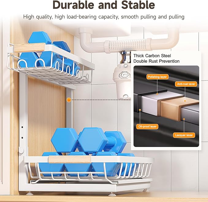 Sevenblue 2 Packs Under Sink Organizer, Height Adjustable 2 Tier Under Kitchen Sink Organizer, Multi-Purpose Storage Shelf for Kitchen Bathroom Cabinet (White, Extra Large)