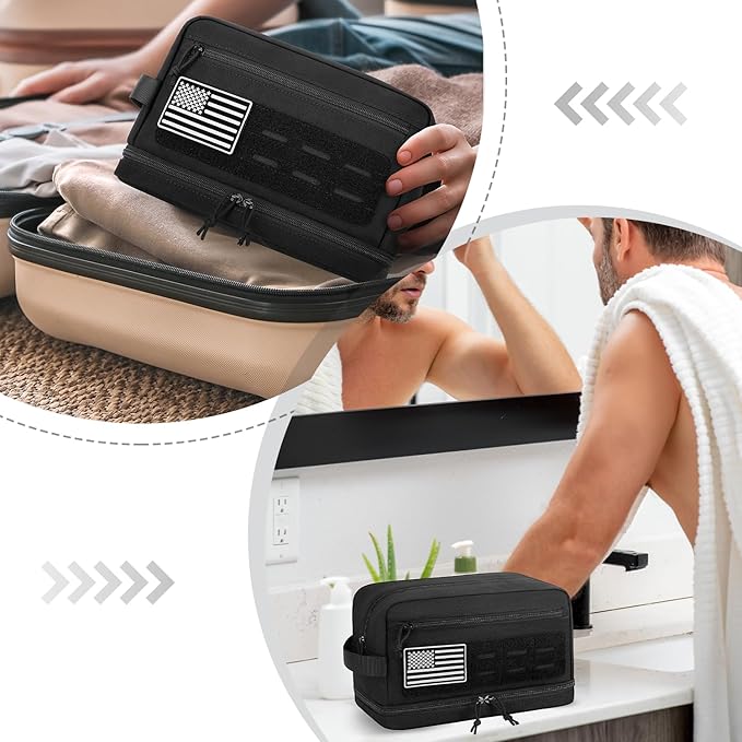 Tactical Toiletry Bag for Men, Travel Hygiene Bag with Double-layer, Large Capacity Hanging Toiletry Bags Water-Resistant Shaving Dopp Kit with EDC Molle Pouches, Bathroom Shower Makeup Bag, Black