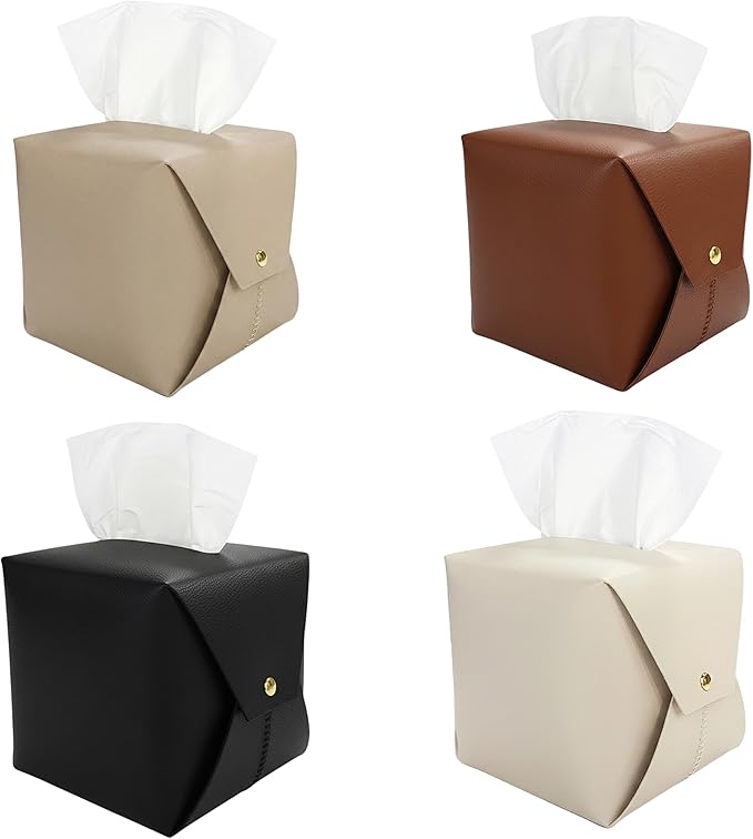 Frayot 4 Pack Tissue Box Cover Square, Faux Leather Tissue Holder Organizer with Side Snap for Bathroom, Vanity, Tabletop, Office (4Colors)