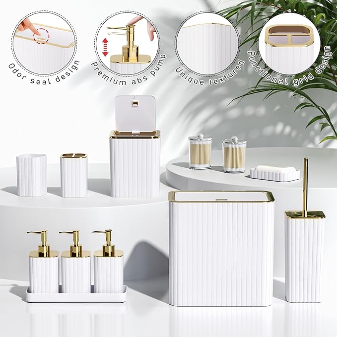 InnJoey Bathroom Accessory Set - Bathroom Set, 12PC Bathroom Accessories Set, White Bathroom Accessories Set, Mini Trash Can, Toilet Brush, Trash Can & Soap Dispenser