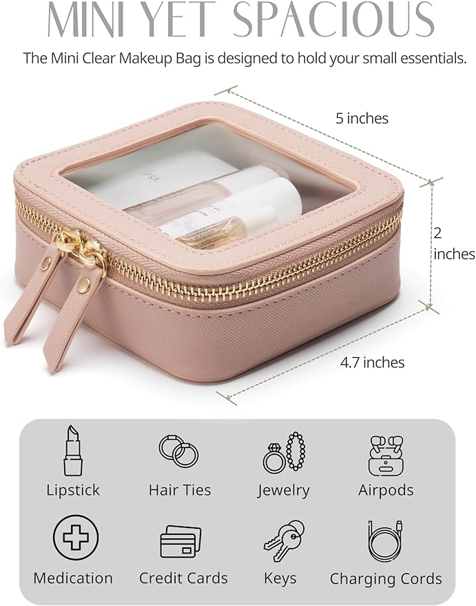 Popvibe Clear Makeup Case Toiletry Bag Travel Medium Clear Cosmetic Bag with Zipper, Make Up Bag Organizer Traveling TSA Approved Transparent Bag Car for Essentials, Mini & Medium, Mauve