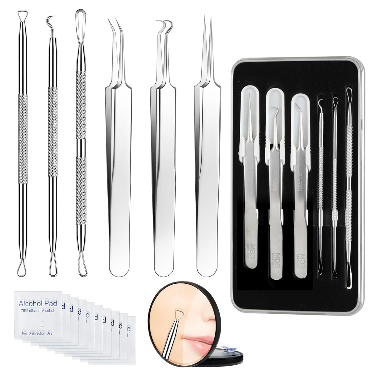 Meidaier 7Pcs Blackhead Remover Kit, Stainless Steel Acne Comedone Extractor with 10X Magnifying Glass & 20 75% Alcohol Pads, Pimple Whitehead Blemish Removal, Anti-Slip Handle & Storage Box