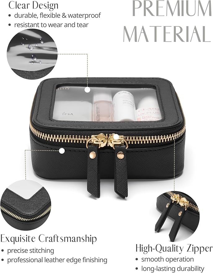 Mini Clear Black Makeup Bag - Cute Square Cosmetic Pouch for Travel with Zipper - For Women & Girls