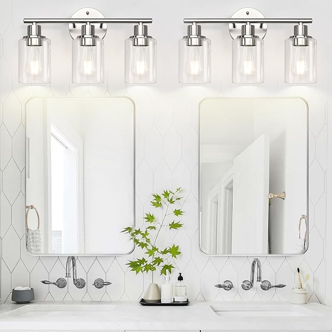 Zarbitta 3-Light Bathroom Light Fixtures, Brushed Nickel Vanity Light, Farmhouse Wall Lights with Clear Glass Shade, Bathroom Wall Lamp for Mirror Kitchen Bedroom Hallway Living Room Hallway Cabinet