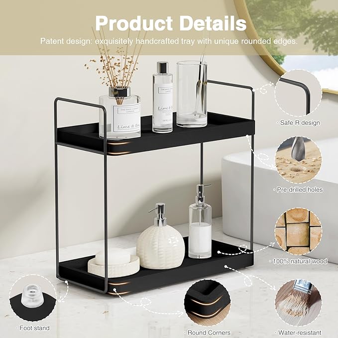 Forbena Black Bathroom Counter Organizer, Tiered Bathroom Organizer Countertop Tray, Corner Makeup Vanity Shelf Organizers and Storage for Men Perfume Skin Care Kitchen Sink Coffee Bar Station