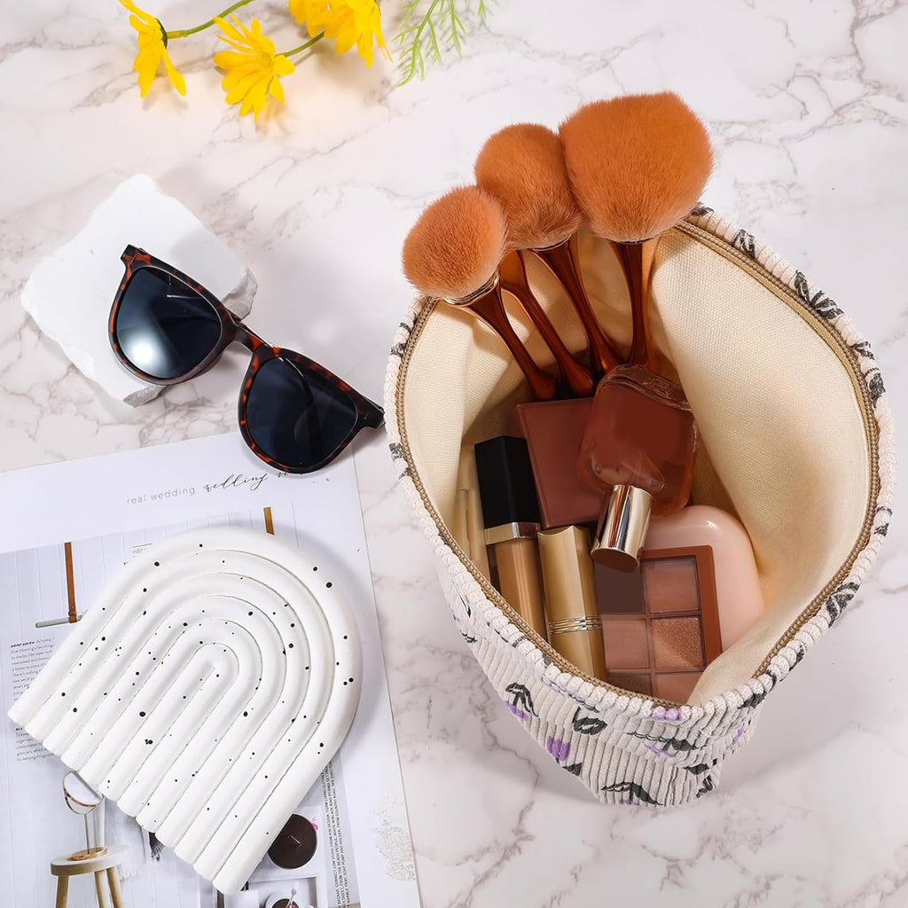 URSKYTOUS Flower Makeup Bag Travel Large Cosmetic Bag for Women Cute Makeup Pouch Zipper Cosmetic Pouch for Purse Corduroy Aesthetic Purple Floral Skincare Organizer Bag Portable Toiletry Bag