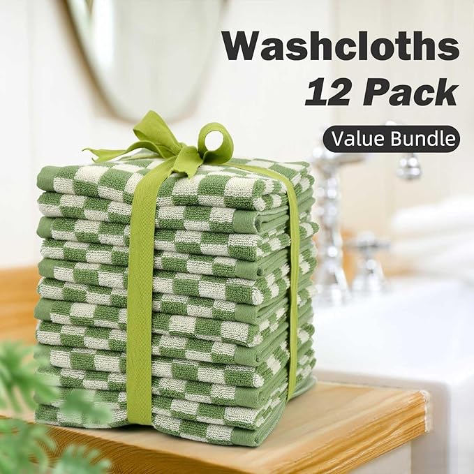 Jacquotha Wash Cloths Super Soft (Green Checkered), Wash Clothes 12 Pack