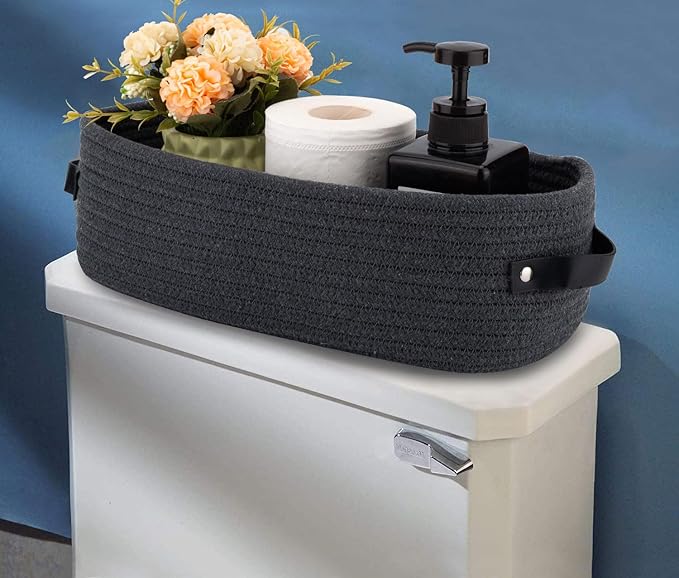 Cotton Rope Toilet Paper Holder Basket with Handle, Home Decor Organizing Small Baskets, Nursery Basket 13"x5.9"x4" Dark Gray