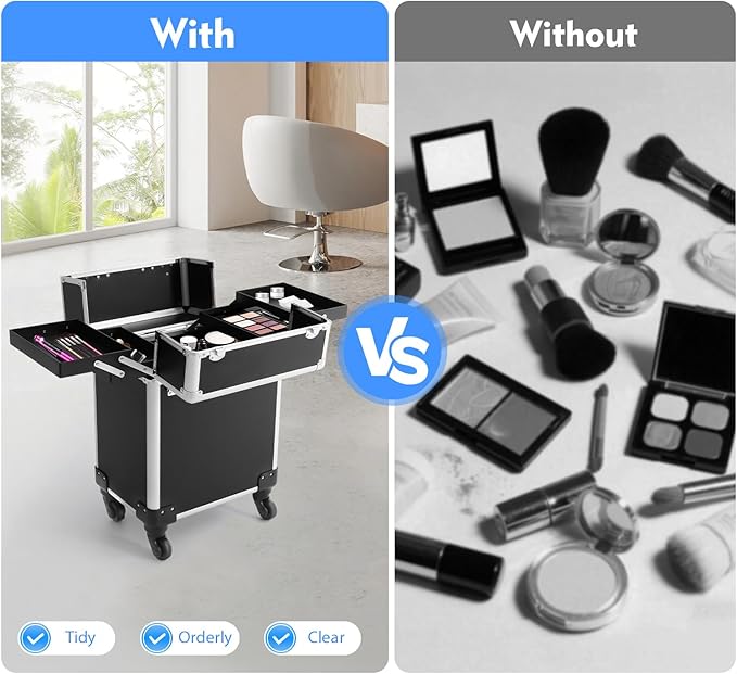SuiYuLn 13.23lbs Lockable Makeup Train Case,Rolling Hairdressing Trolley,Beauty Salon Cosmetic Luggage with Universal Wheels for Hair Stylist,Make-up Artists (Black 7)