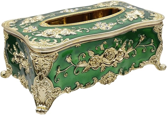 9.45"x5.43"x3.94" Luxurious Rose Tissue Box with Imitation Diamonds, Embossed Flowers, Elegant Tissue Paper Holders for Home Toilet Bath Hotel,Gold-Green
